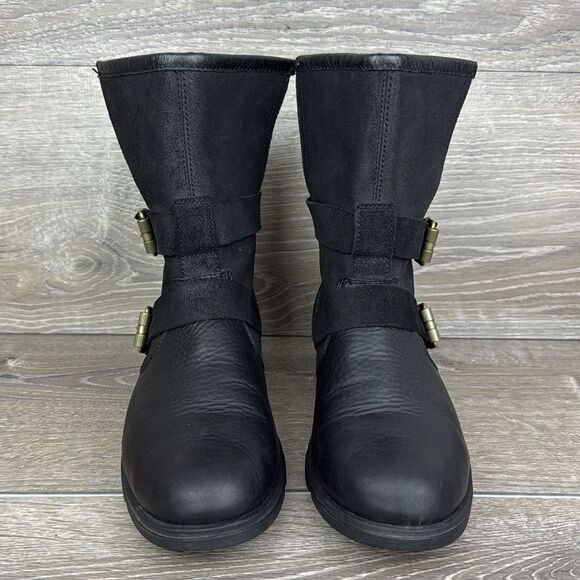 Sorel Major Moto Black Leather Women’s Sz 8 Waterproof Red Plaid Fold-Over Boots - Picture 2 of 14